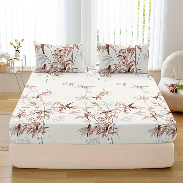 Set lenzuola con angoli con stampa foglie di bambù da 3 pezzi - Biancheria da letto morbida, traspirante, confortevole e ipoallergenica per camera da letto, stanza degli ospiti - 1 raccordo 2