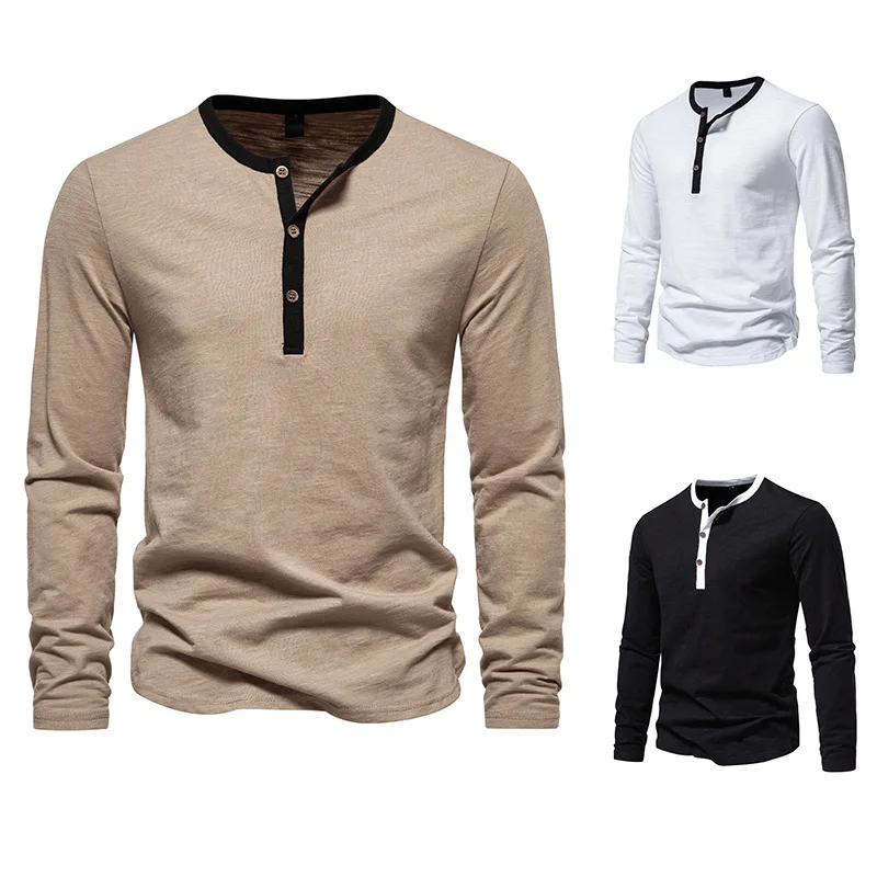 

Summer New Men's Long Sleeved T-shirt Casual Color Matching Henry Neck Long Sleeved T-shirt Top Trend
