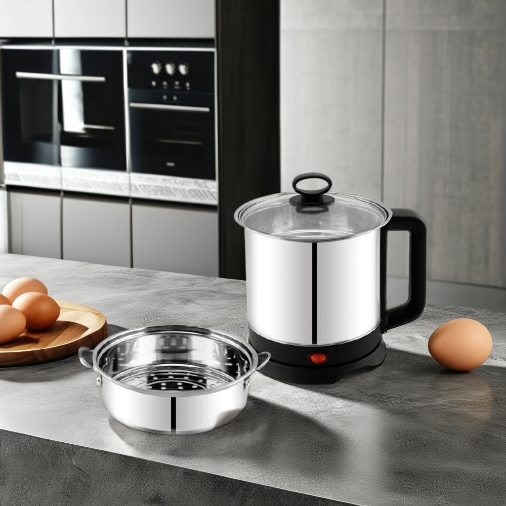 Stainless Steel Multi-Cooker Kettle with Steamer Bowl 6 Eggs Stand & Glass Lid Household Use SS Rim for Boiling