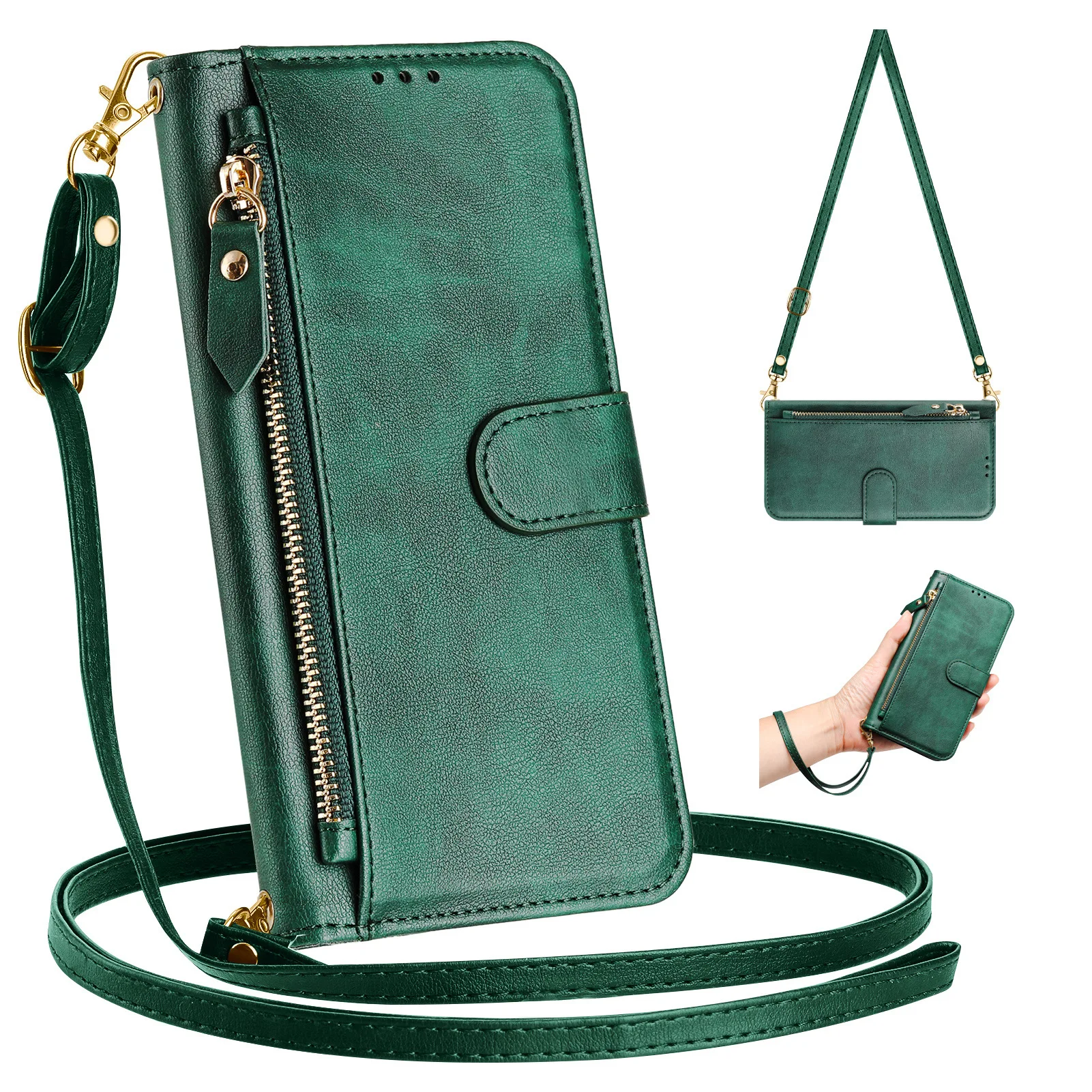 Vintage Leather Crossbody Flip Wallet with Multi-Card Slots and Zippered Pouch