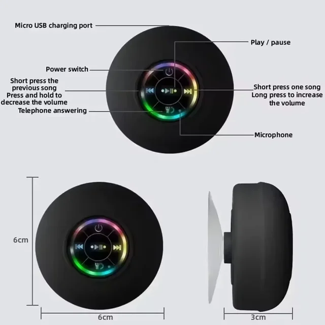 2025 Waterproof Wireless LED Bluetooth Speaker, Suction Cup, Portable Stereo 4