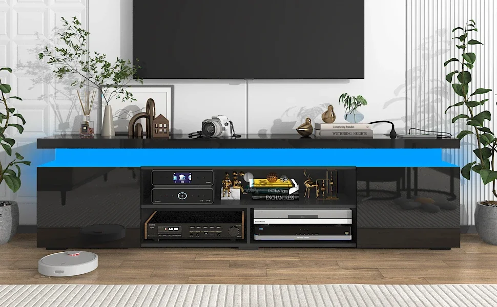 black TV stand entertainment center with LED lights LED TV Stand for 75 Inch TV