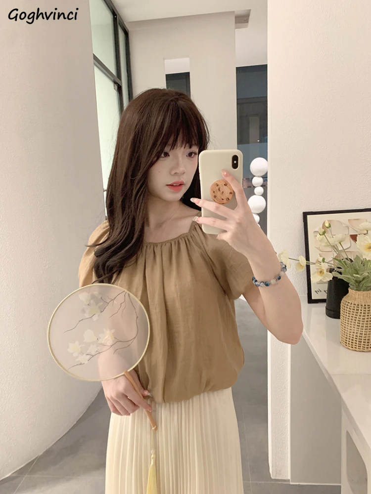 

Однотонная женская летняя рубашка с пышными рукавами и круглым вырезом, свободная приталенная универсальная Милая простая модная повседневная офисная Дамская Уютная рубашка в Корейском стиле