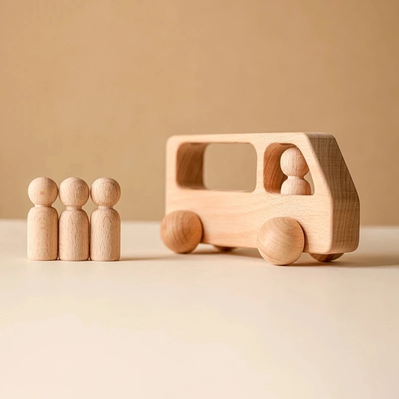 B05B-Outdoor Wooden Bus Game Kit Baby Wooden Bus Educational Blocks Natural Wood Car Little Doll Teething Toys Birthday Gifts