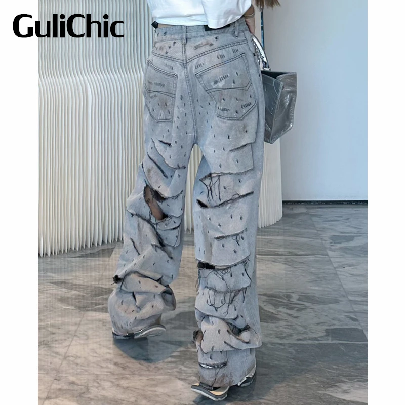 

9.9 GuliChic Women Street Washed Distressed Denim Cut Out Hollow Out Back Casual Wide Leg Jeans