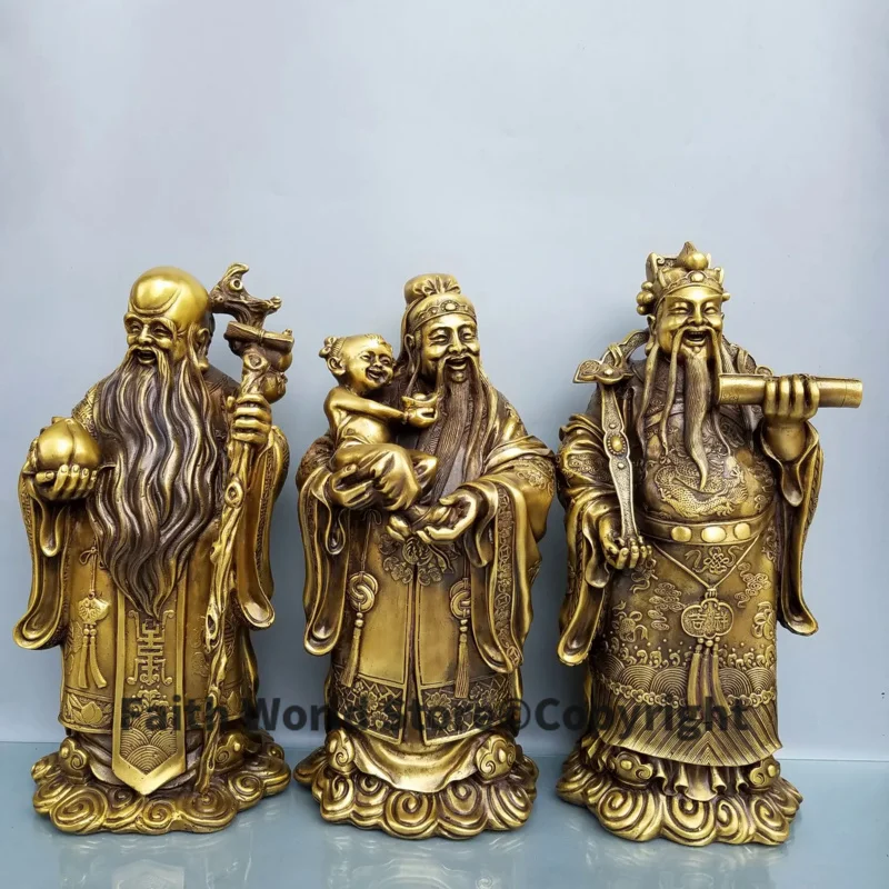 

35cm large 3PCS Asia HOME SHOP Good luck God buddha efficacious bless brass Fu Lu Shou safe health patron saint FENG SHUI statue