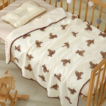 Newborn Bear Print Blanket Pure Cotton Double Gauze Blanket Baby Blanket Bath Towel Baby Blanket Baby Swaddle 100X100CM