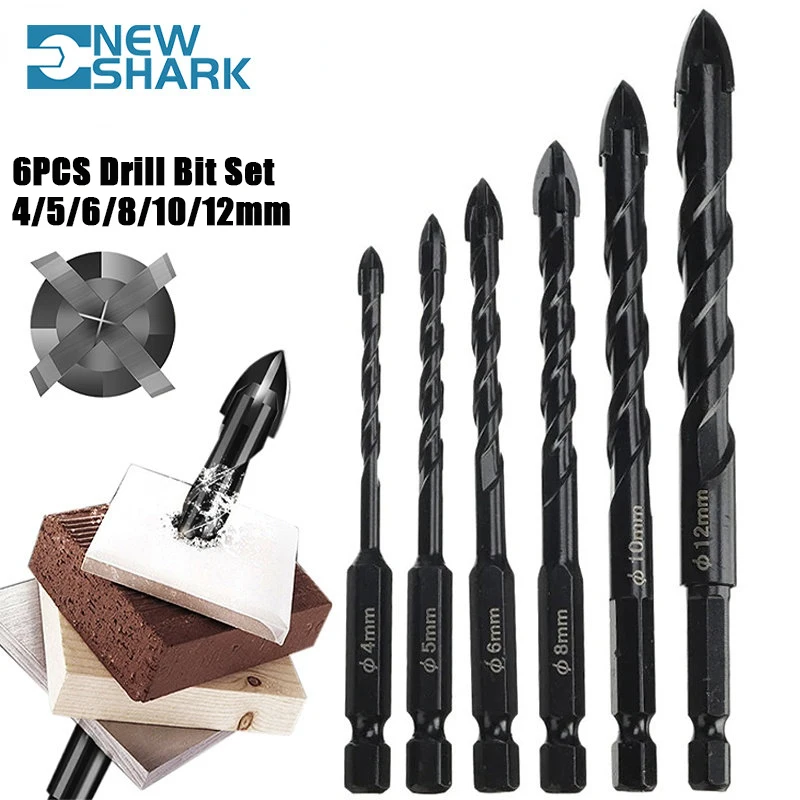 6pcs Set Hard Carbide Cross Hex Tile Glass Ceramic Drill Bits Set Universal Drilling Tools Hole Opener for Wall Marble Diamond 15pcs 3mm to 16mm glass drill bit set carbide tipped ceramic tile drilling bit spade drill triangle bits woodwork hole opener