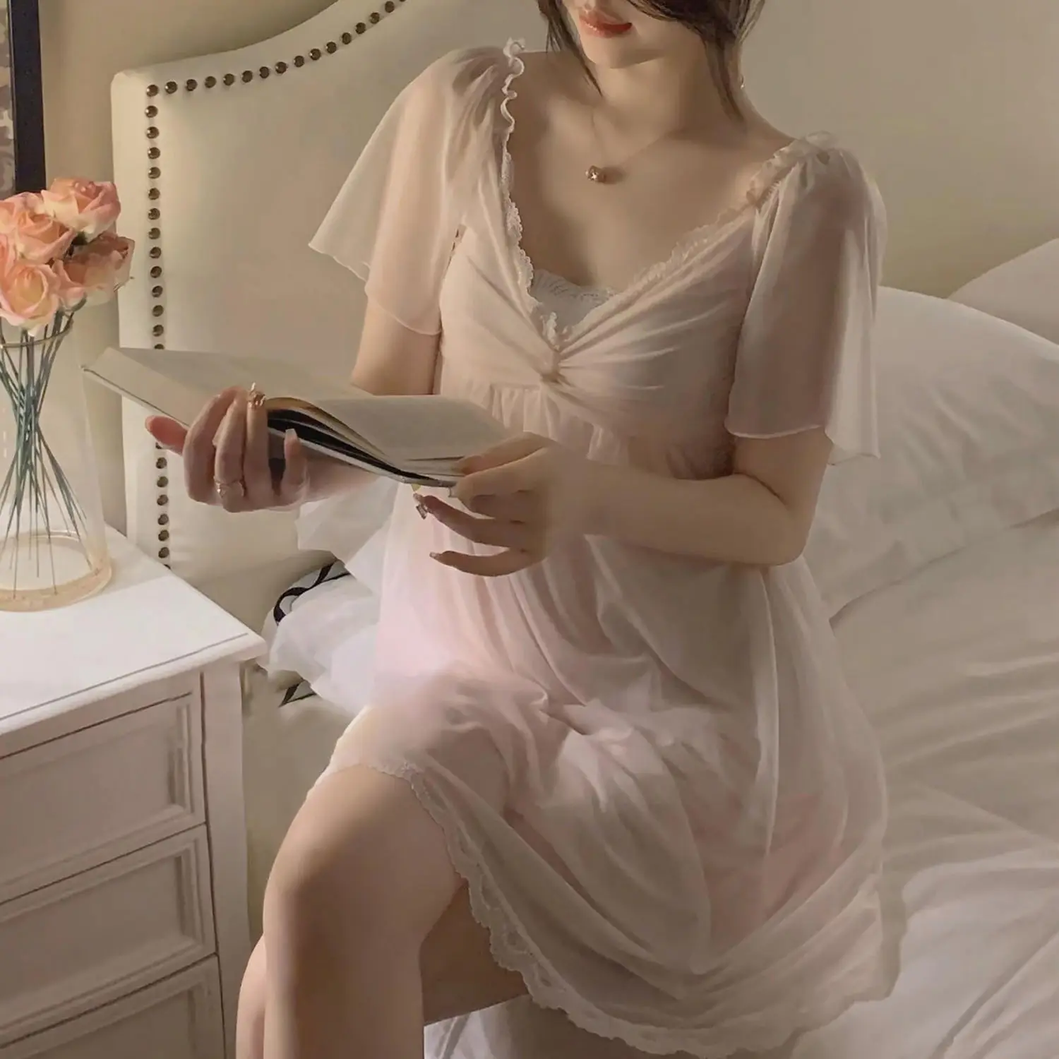 

Nightgown Women French Lace Summer Thin Mesh Sleepwear Dress Home Service Womens Night Dress
