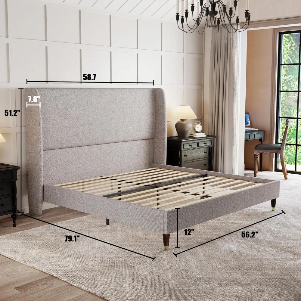 Full Platform Bed Frame 51.2" High Headboard Tall Upholstered Beds/No Box Spring Required/Wood Slat Support, Full Bed Frame 2