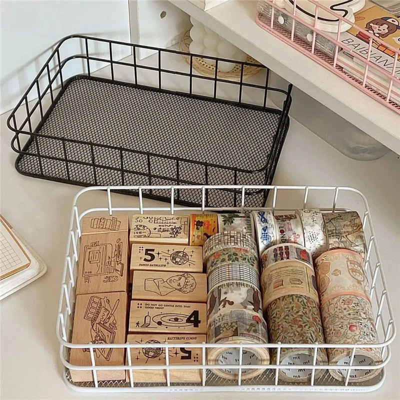 MINKYS INS Nordic Iron Desktop Storage Basket Office Cosmetics Storage Box Dormitory Rack Desk Organizer