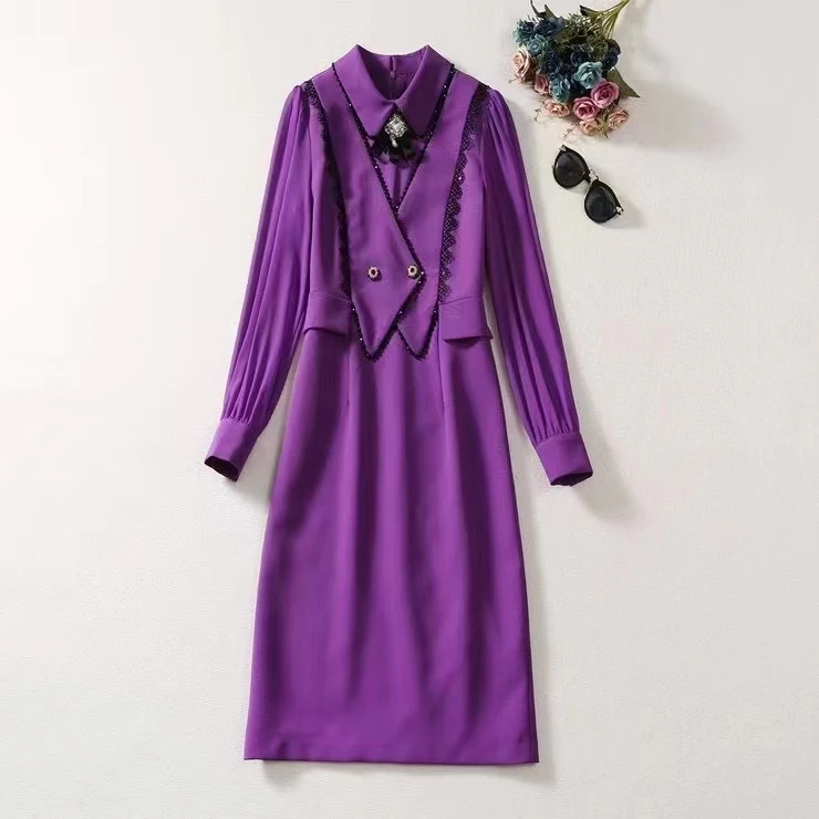 

European and American women's clothing 2023 autumn new Lapel pin bead bow Long sleeve splicing purple Fashion dress XXL