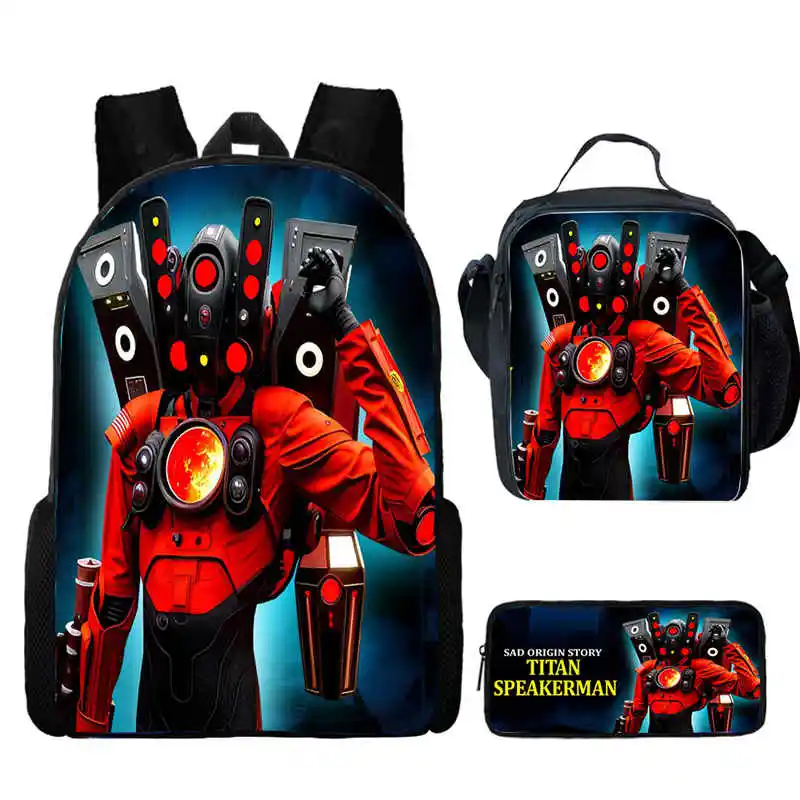 

3Pcs Set Skibidi Toilet School bags with Lunch Bags Pencil Case,Titan Clock Man Children Backpack For School Best Gift for Kids