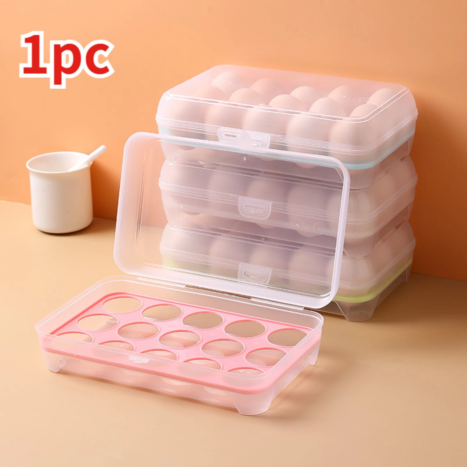 1Pc Stackable Egg Container 15-Grid Freezer-Safe Plastic Tray For Refrigerator & Organization
