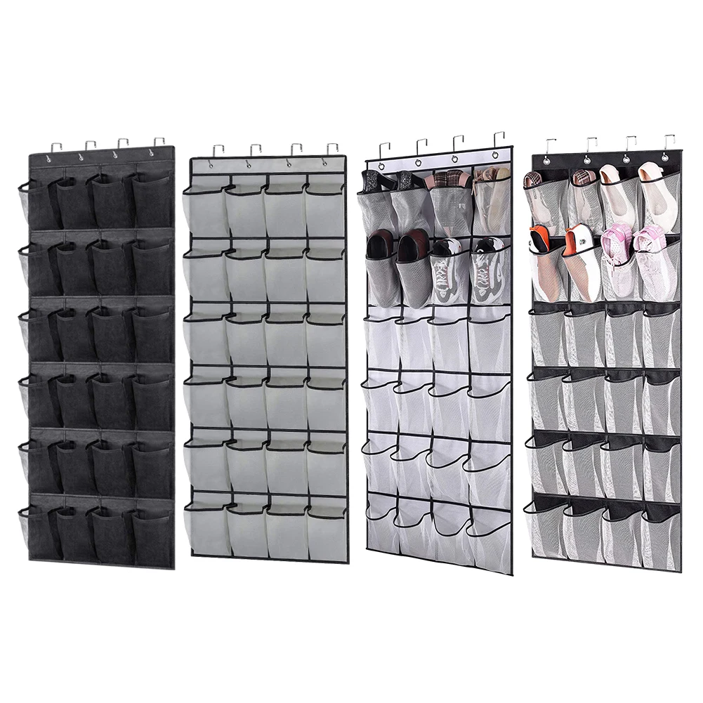 24 Pocket Durable Nonwoven Fabric Hanging Shoe Organizer Rack with Clear View Pockets and Metal Hooks for Space Saving Storage 6