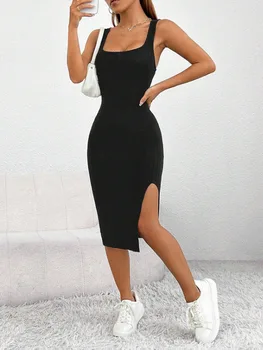 Spring/Summer Solid-Colour Striped Slit Flared Skirt Dress, Fitted Tank Dress for Women 1