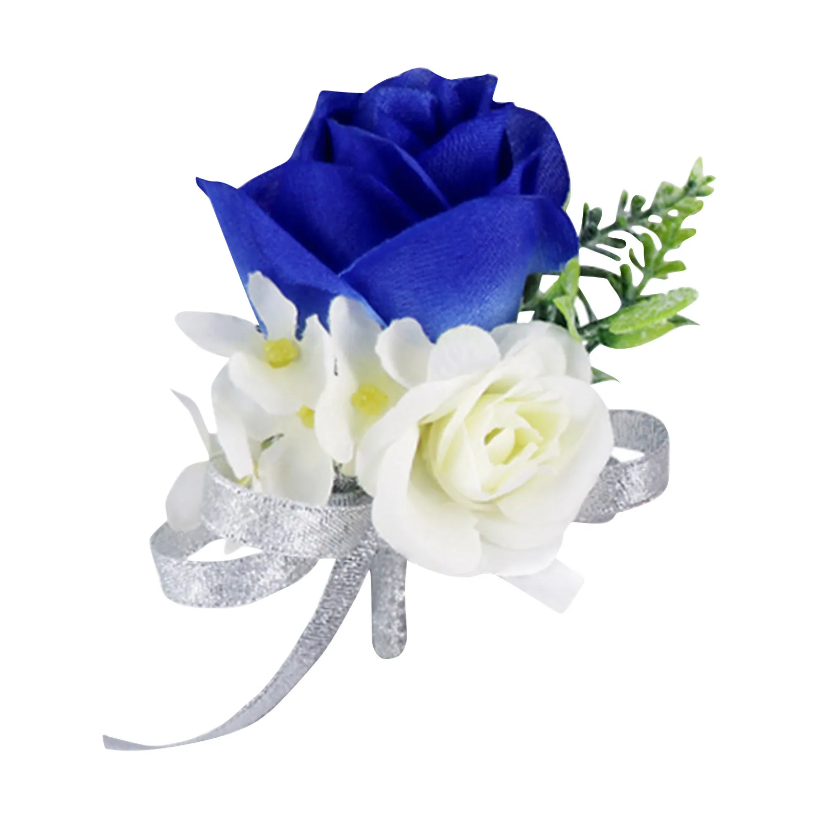 Description Picture 3 of itemWhite Roses Blue Ribbon Wrist Corsage Wedding Boutonnieres Tulip Bracelet Flowers Groom Man Suit Buttonhole Brooch Pins Marriage