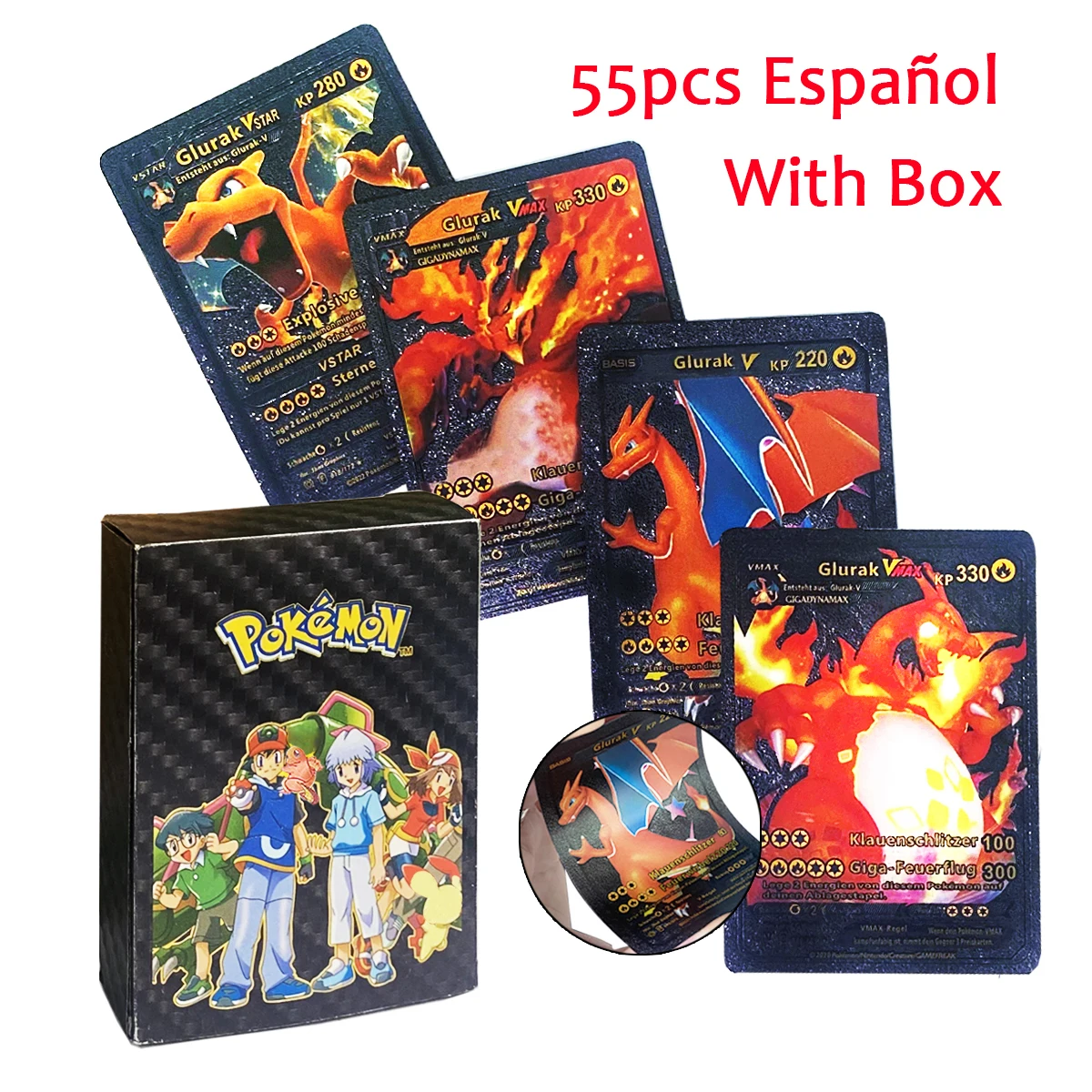 thumbnail image 1 of 27-55Pcs 3D Cards Colorful Shining Gold Silver Black English Vmax Gx Charizard Pikachu Collection Card Kids Toys Gifts, 1 of 5