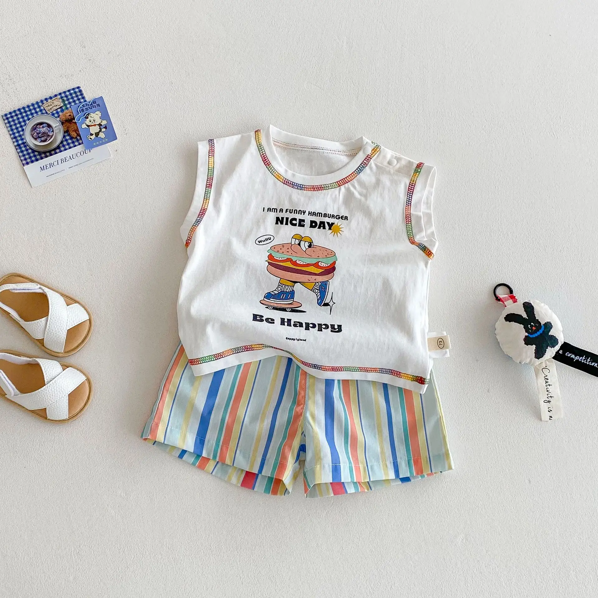 Children's Burger Tank Top 2025 New Summer Boys' Stylish Cartoon Printed T-shirt Baby Fashion Striped Shorts