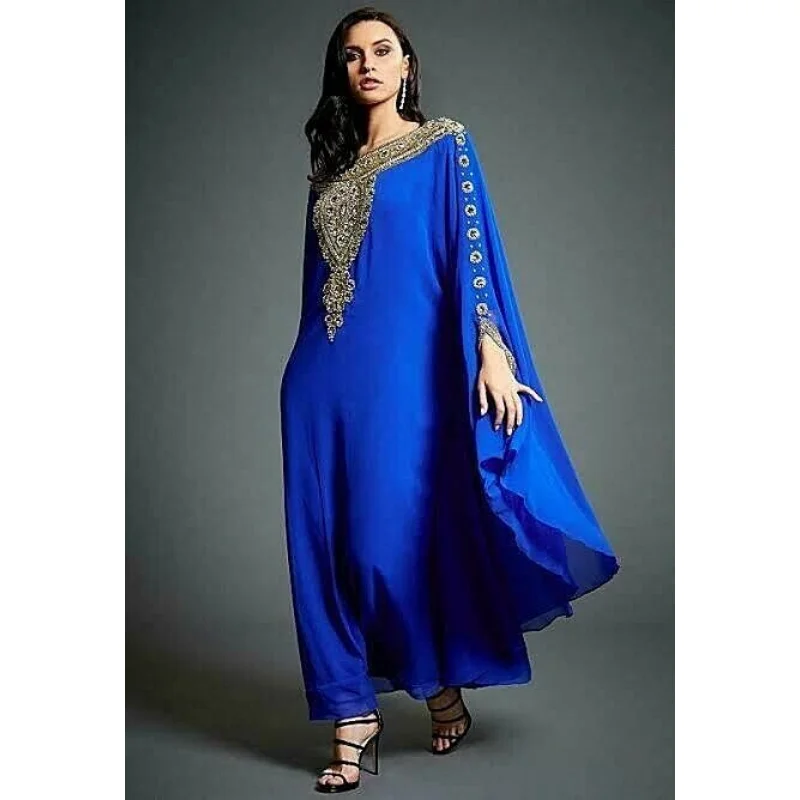 Blue Moroccan Dubai Kaftane Farasha Abaya Dress Very Fashionable Long European and American Fashion Trends