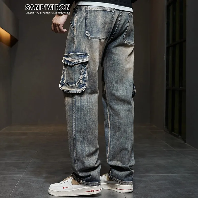 Versatile retro jeans for men, loose and nostalgic multi pocket straight leg denim pants, hip-hop workwear pants 4