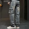Versatile retro jeans for men, loose and nostalgic multi pocket straight leg denim pants, hip-hop workwear pants 4