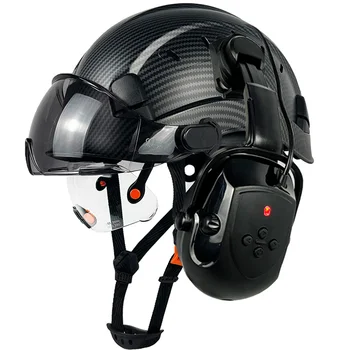 ABS ANSI 탄소 섬유 패턴 건설 하드 햇 작업 엔지니어용 블루투스 귀마개, 바이저 포함 안전 헬멧
