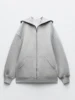 Autumn Winter Warm Long Gray Bomber Jacket With Hood Long Sleeve Big Pocket Zipper Jacket Coat Women Casual Outerwear Coat Tops 1