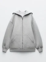Autumn Winter Warm Long Gray Bomber Jacket With Hood Long Sleeve Big Pocket Zipper Jacket Coat Women Casual Outerwear Coat Tops 1