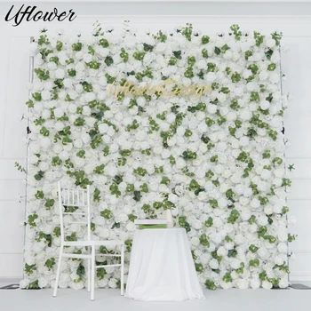 Uflower 3D White Rose Greenery Flower Wall Cloth Curtain Roll Up Wedding Backdrop Flora Wall Event Props Stage Home Decoration