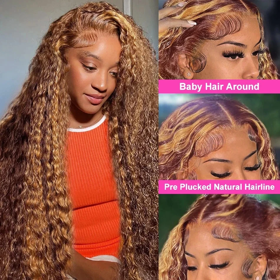 13x4 hd Spitze Highlight Perücke Echthaar Perücken leimlos lockig gefärbt honig blond vorne Wasserwelle 13x6 tiefe Welle Frontal Perücke Locken