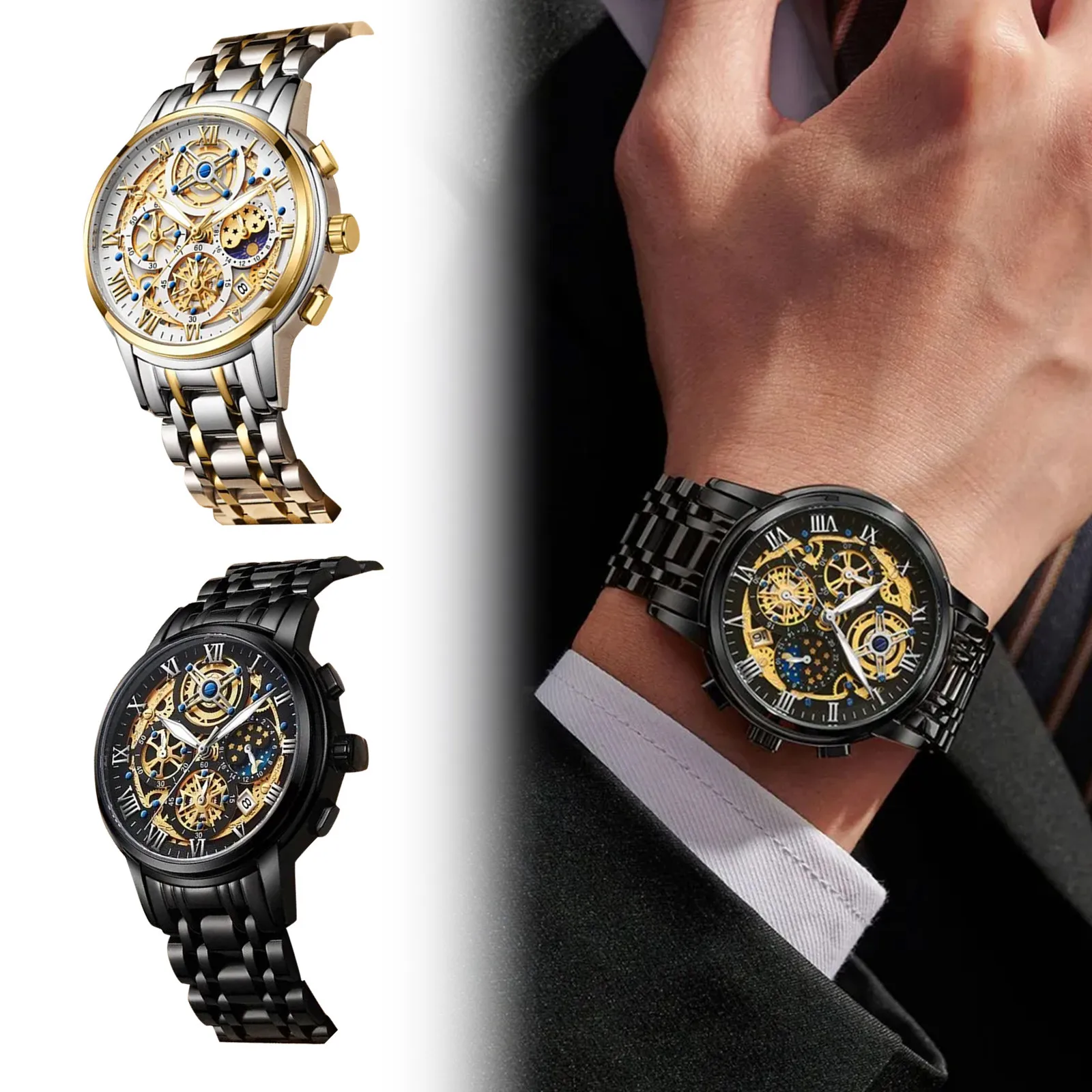 

Роскошные деловые мужские часы, уникальный дизайн с круглым циферблатом, кварцевые наручные часы со стальным браслетом, водонепроницаемые мужские часы с календарем