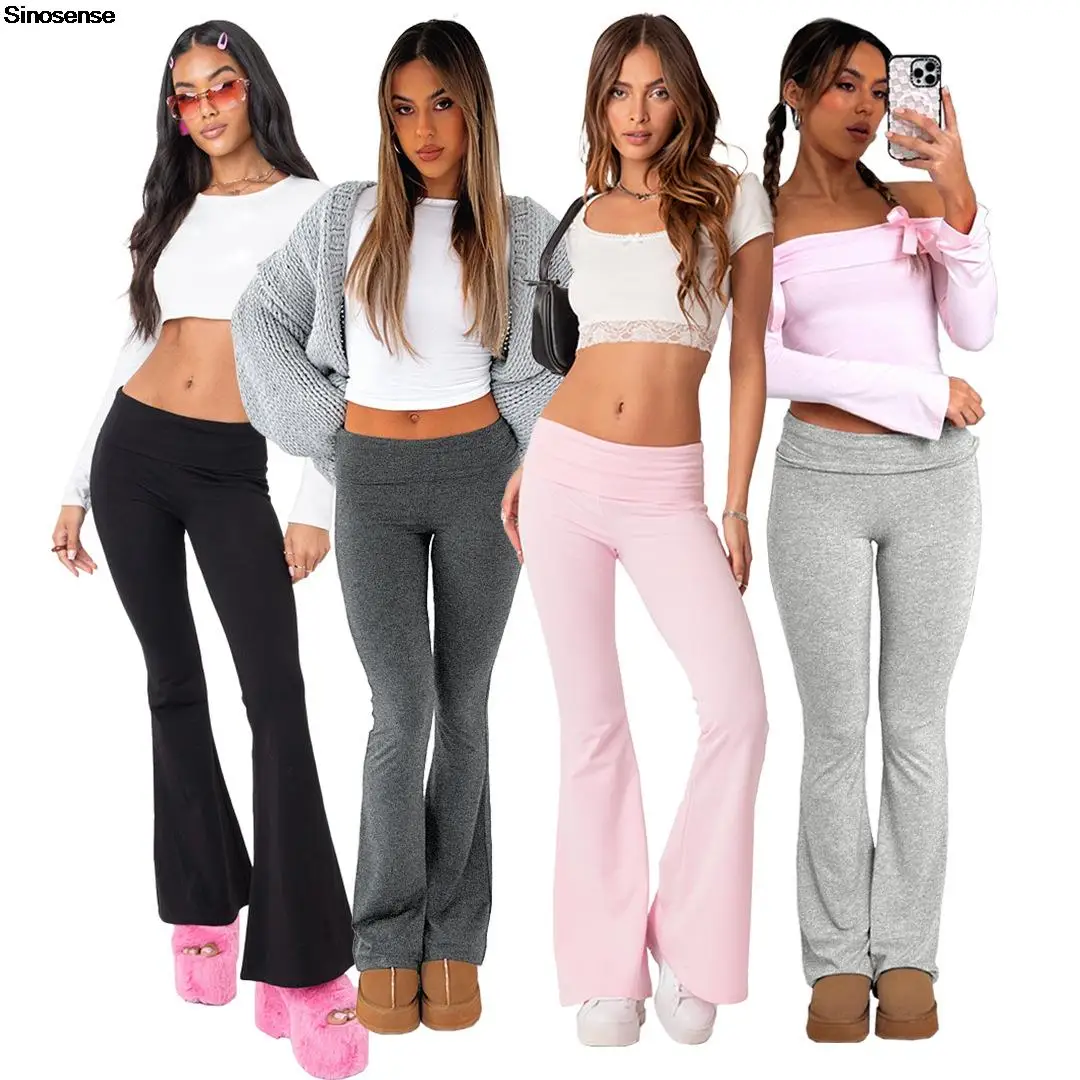 Women Low Rise Flare Pants Foldover Bell Bottom Workout Lounge Y2k Bootcut Leggings Casual Sports Yoga Pants Solid Sweatpants