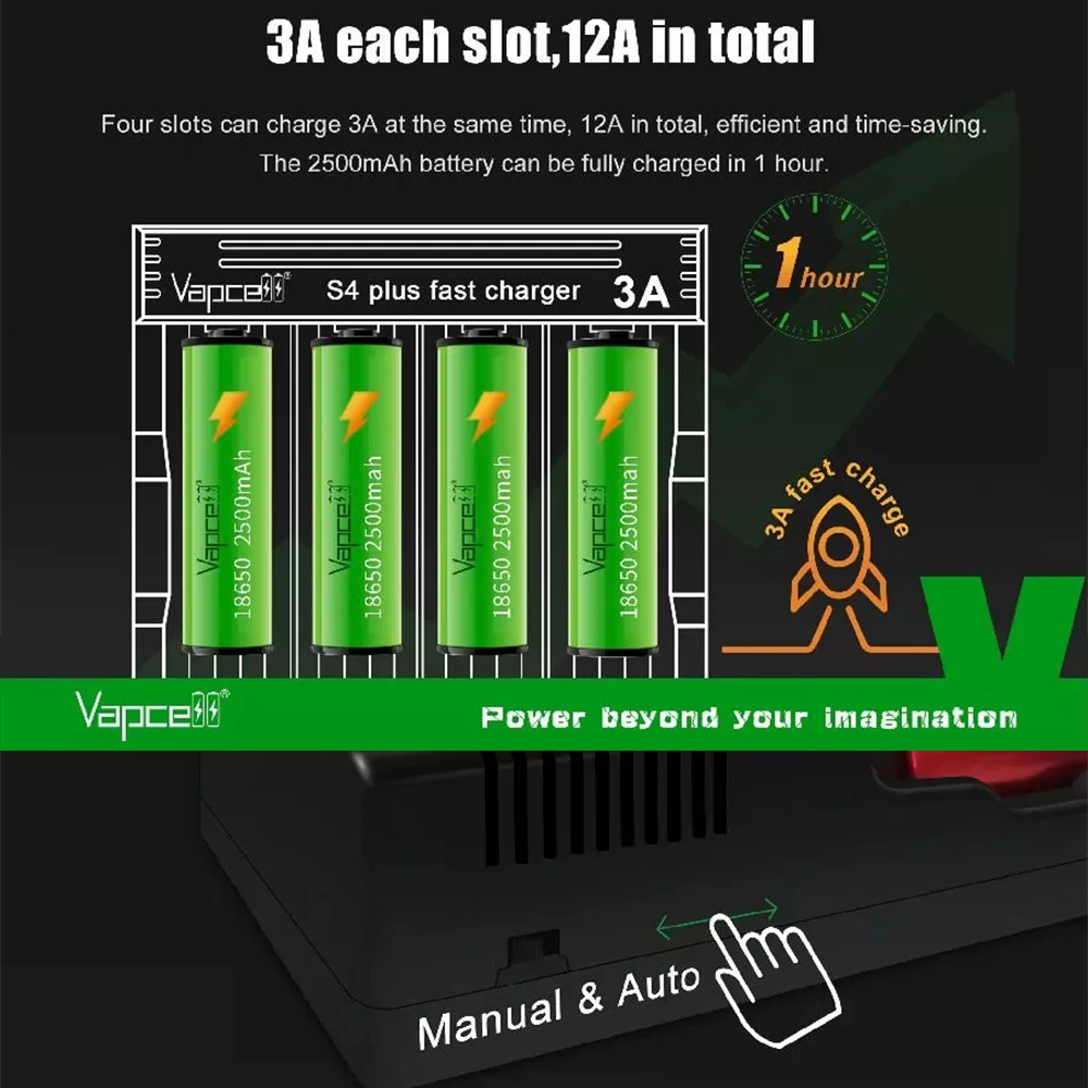 Vapcell S4+ 3.0 Version Smart Chargers with 4 Slots Max 3A Per Slot Battery Charger for 10440 14500 16340 18650 21700 26650 battery charger