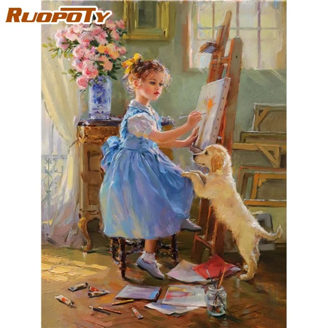 Dog Acrylic Paints Canvas Painting Numbers  Painting Numbers Canvas Girls  - Modern - Aliexpress