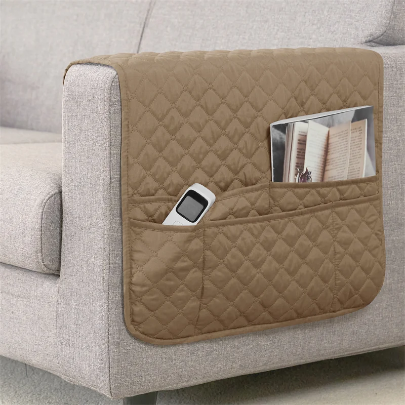 Premium Water-Repellent Plaid Sofa Armrest Cover with Storage Pocket