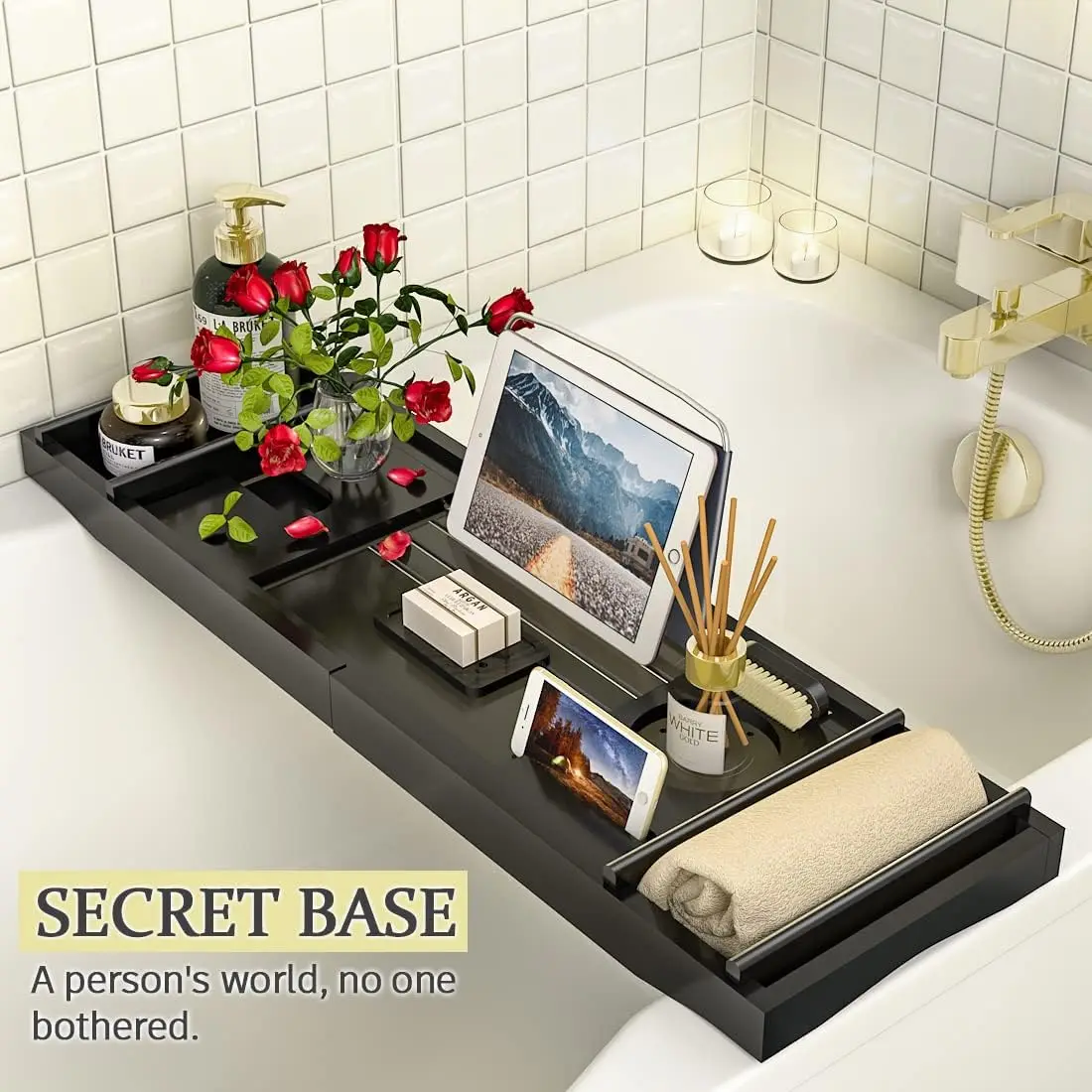 NEW Bamboo Adjustable Organizer Tray for Bathroom with Free Soap Dish Suitable for Luxury Spa or Reading(Black)