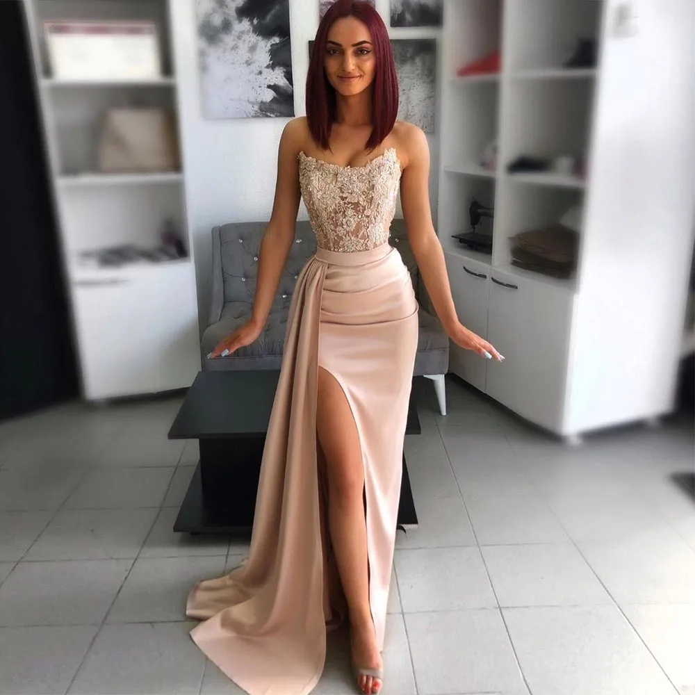 

Xijun High Side Split Satin Mermaid Evening Dresses Lace Appliques Pleat Ruched Dubai Women Long Prom Gown Formal Party Dress