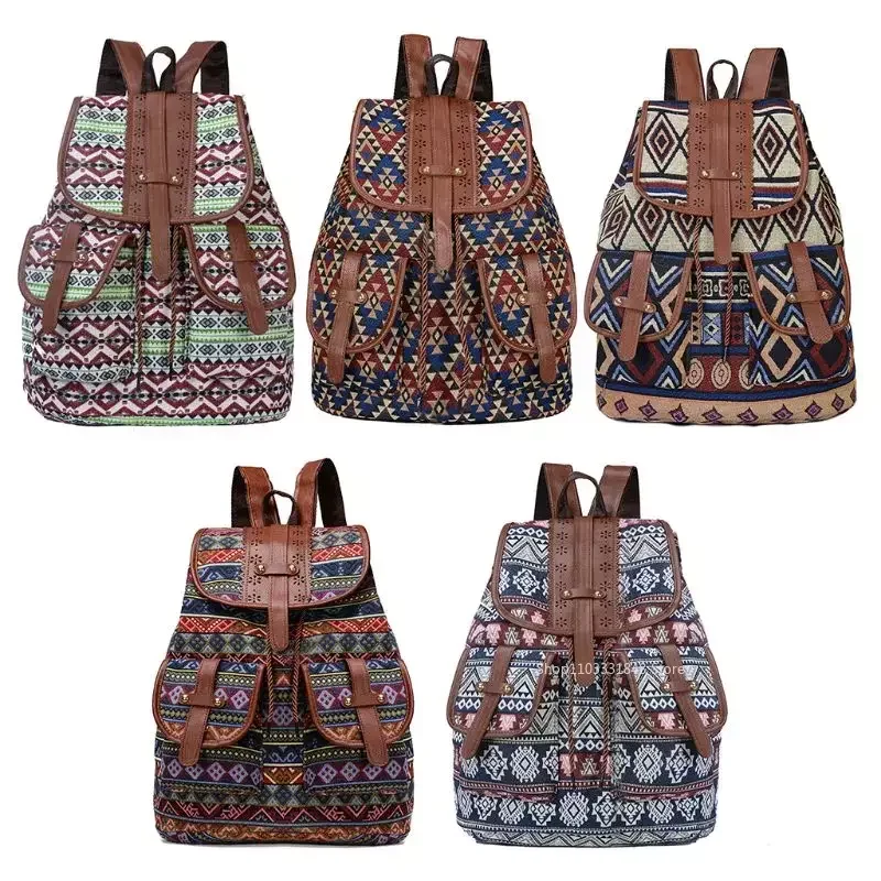 High Quality Vintage Print Canvas Ethnic Backpack for Women Girls School Backpacks Drawstring Bohemia Travel Rucksack
