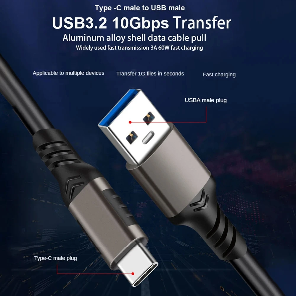 10Gbps USB3.2 Gen2 케이블 USB 3.0/3.1/3.2 케이블 USB A to USB Type C 데이터 전송 SSD 하드 디스크 케이블 3A 60W QC 3.0