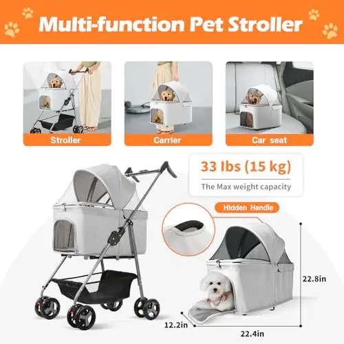 

Foldable Dog Stroller 3 in 1 Detachable Pet Stroller, Lightweight Cat Stroller with Removable Travel Carriage