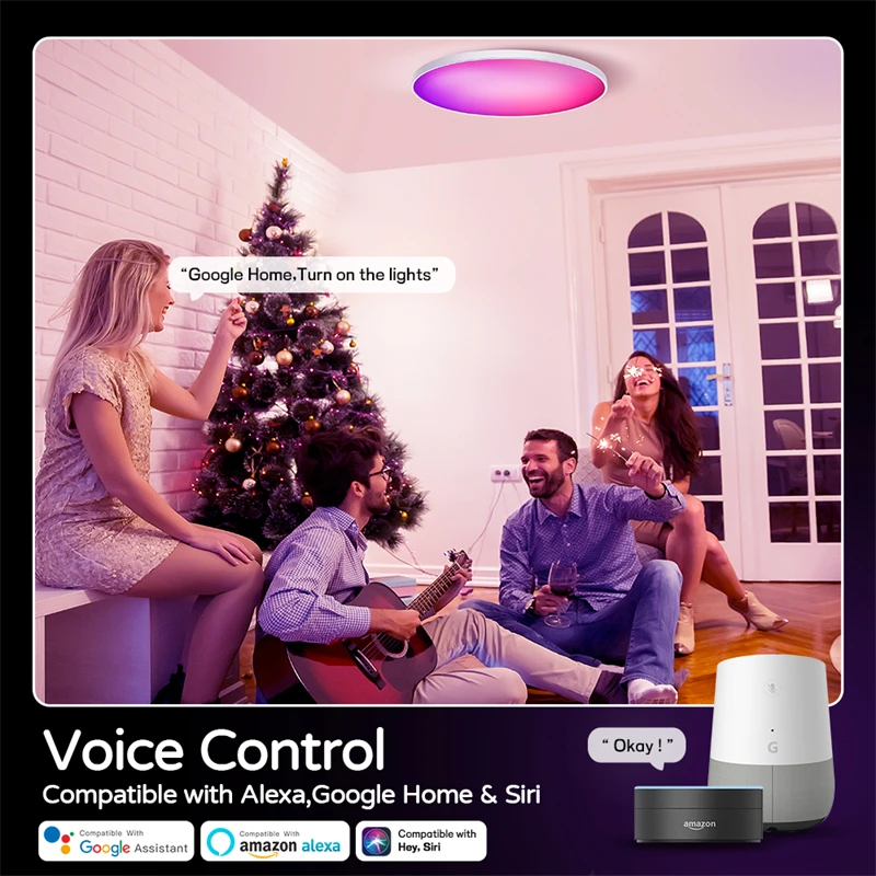 Ultra Thin Smart LED Ceiling Light with Audio Music Play - Round Chandelier, 24W/30W, Bluetooth & WiFi Enabled Indoor Lamp