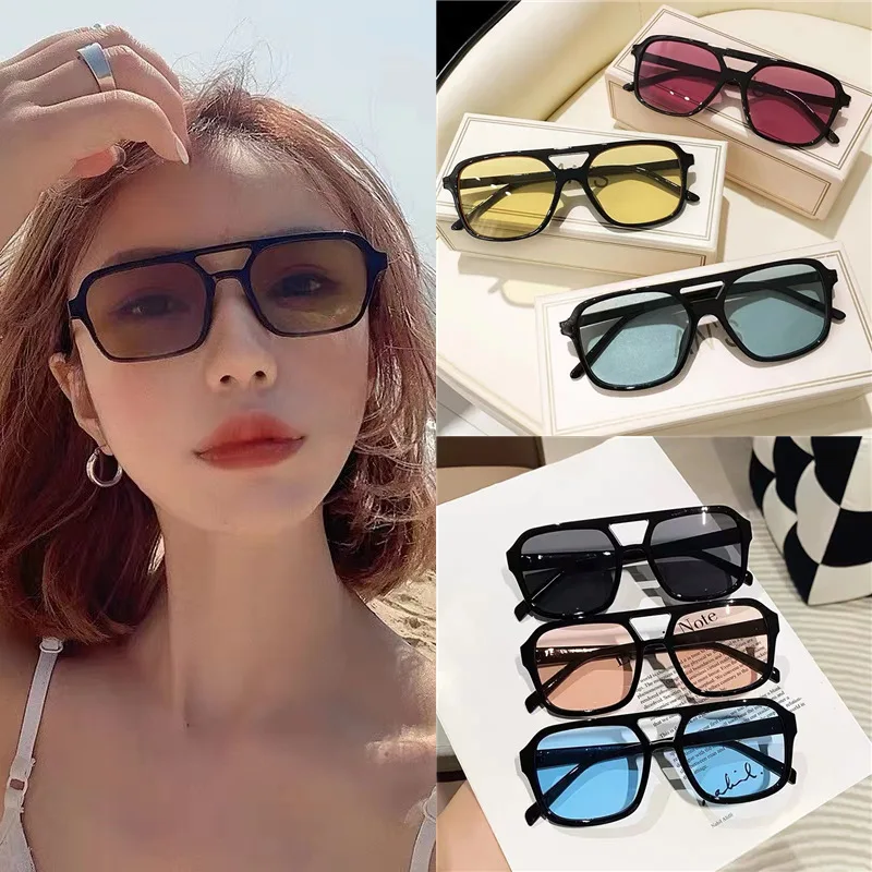Retro Personalized UV Resistant Glasses Trendy Candy Colored Square Double Beam Sunglasses Classic Men Women Driving Sunglasses