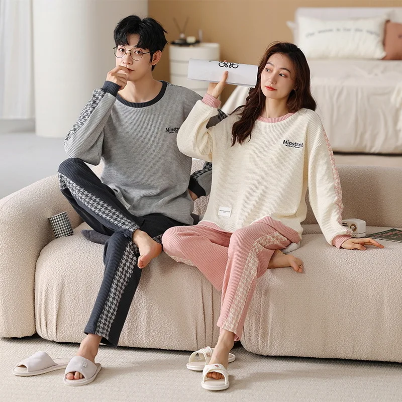 Autumn Winter Cotton Matching Couple Pajamas Men Sleepwear Women Homewear  Bedroom White Letter Pyjama Homme PJ Couple Pyjama Set - AliExpress