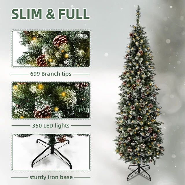 6.5 Ft Pre-Decorated Pencil Christmas Tree Pre-Lit Holiday Tree with 699 PVC Flocked Frosted Tips 350 LED Warm White Lights 4