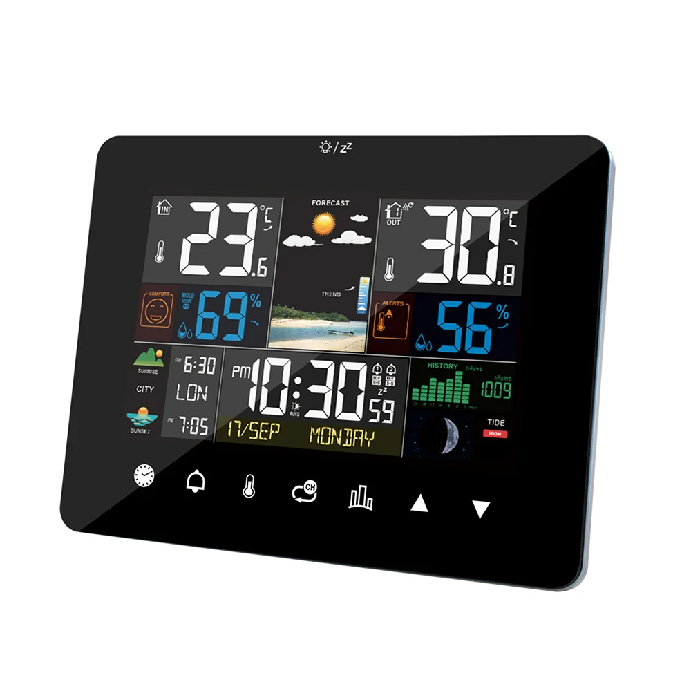 【HOT】Weather Station Alarm Clock Thermometer Hygrometer Touch Screen Wireless Sensor Sunrise Sunset Hygrothermograph