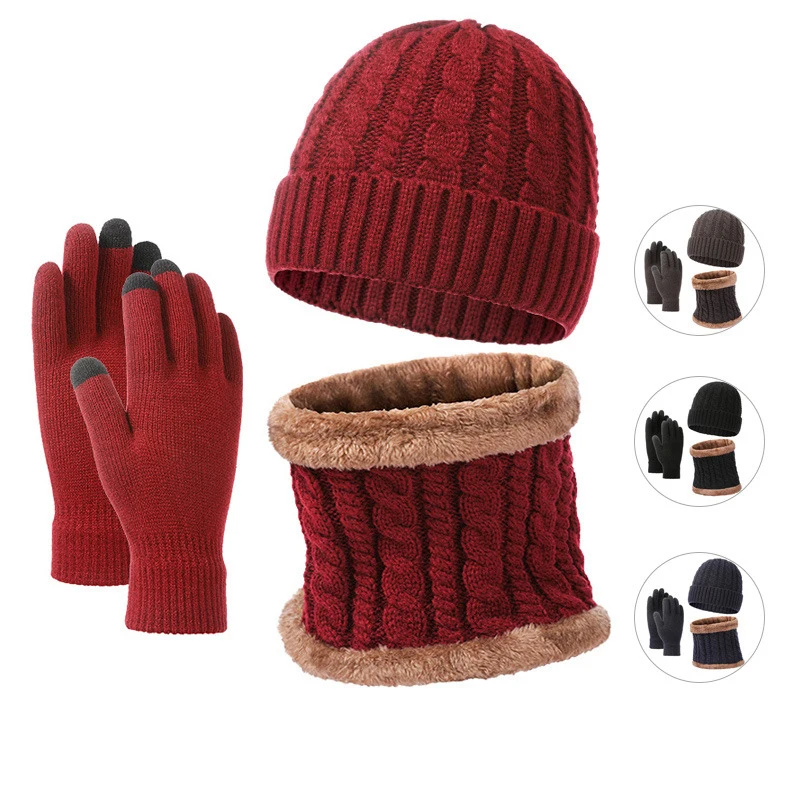 

Комплект из трех предметов, модная женская вязаная шапка, шарф, перчатки, шапки, Манишка, плотная меховая подкладка, женский зимний уличный комплект из шапки, шарфа