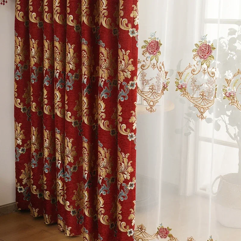 

Chenille curtain red jacquard chenille curtain fabric living room bedroom blackout curtain