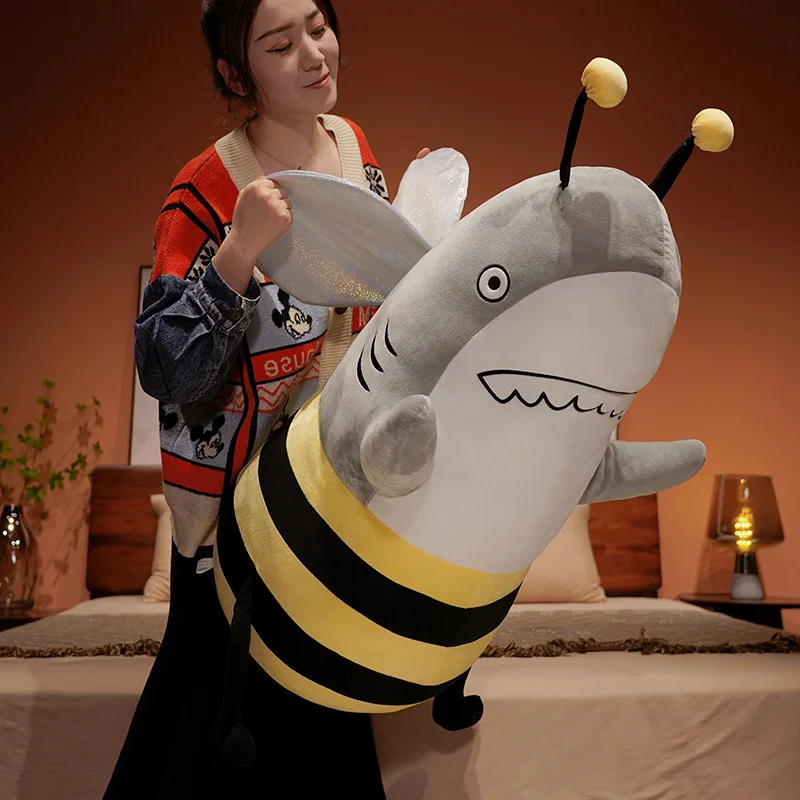 120cm Super Cute Funny Shark & Bee Plush Toys Stuffed Throw Pillow Soft Doll Interesting Cushion Birthday Xmas Gift for Friends