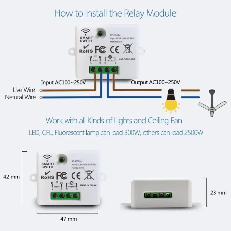 무선 스위치 RF 433Mhz 인터럽터 조명 스위치 리모컨 86 벽 패널 램프 LED용 리시버, 16A 100V-240V